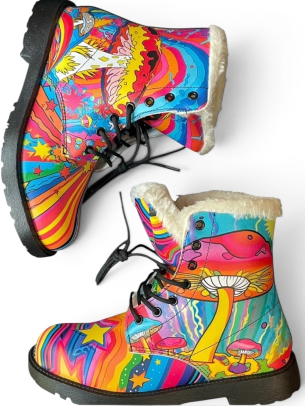 🆕 Vibrant - Starry Rainbow & Magic Mushroom - Fleece Lined - “Fluffy” Boots 🌈🍄
